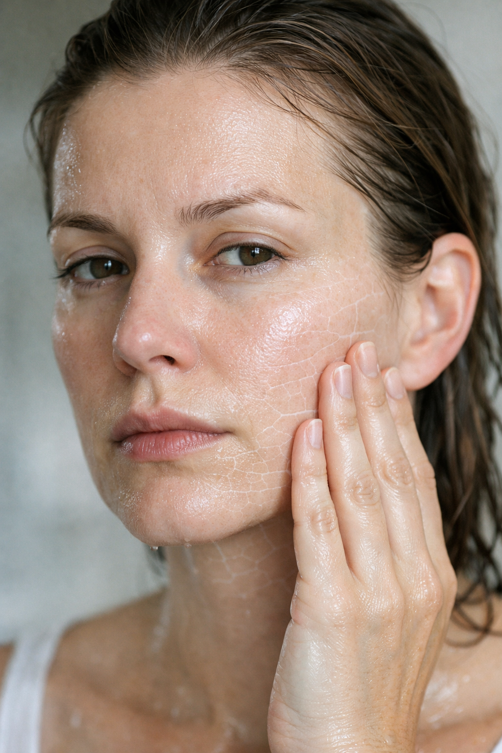 woman touching her face after washing, showing skin tightness and dryness due to cleanser affecting skin barrier