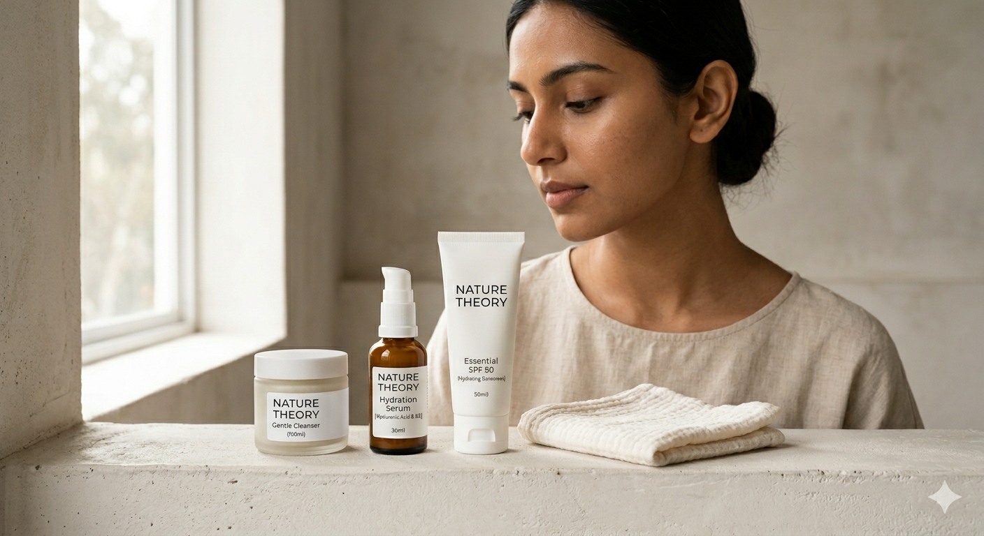 Minimal consistent skincare routine on matte stone surface showing simplicity over trend products