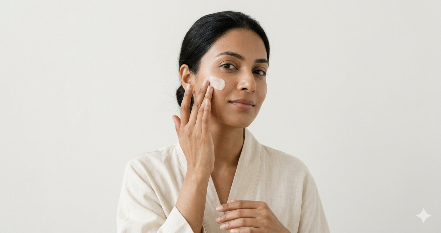 Indian woman applying moisturiser for damaged skin barrier care
