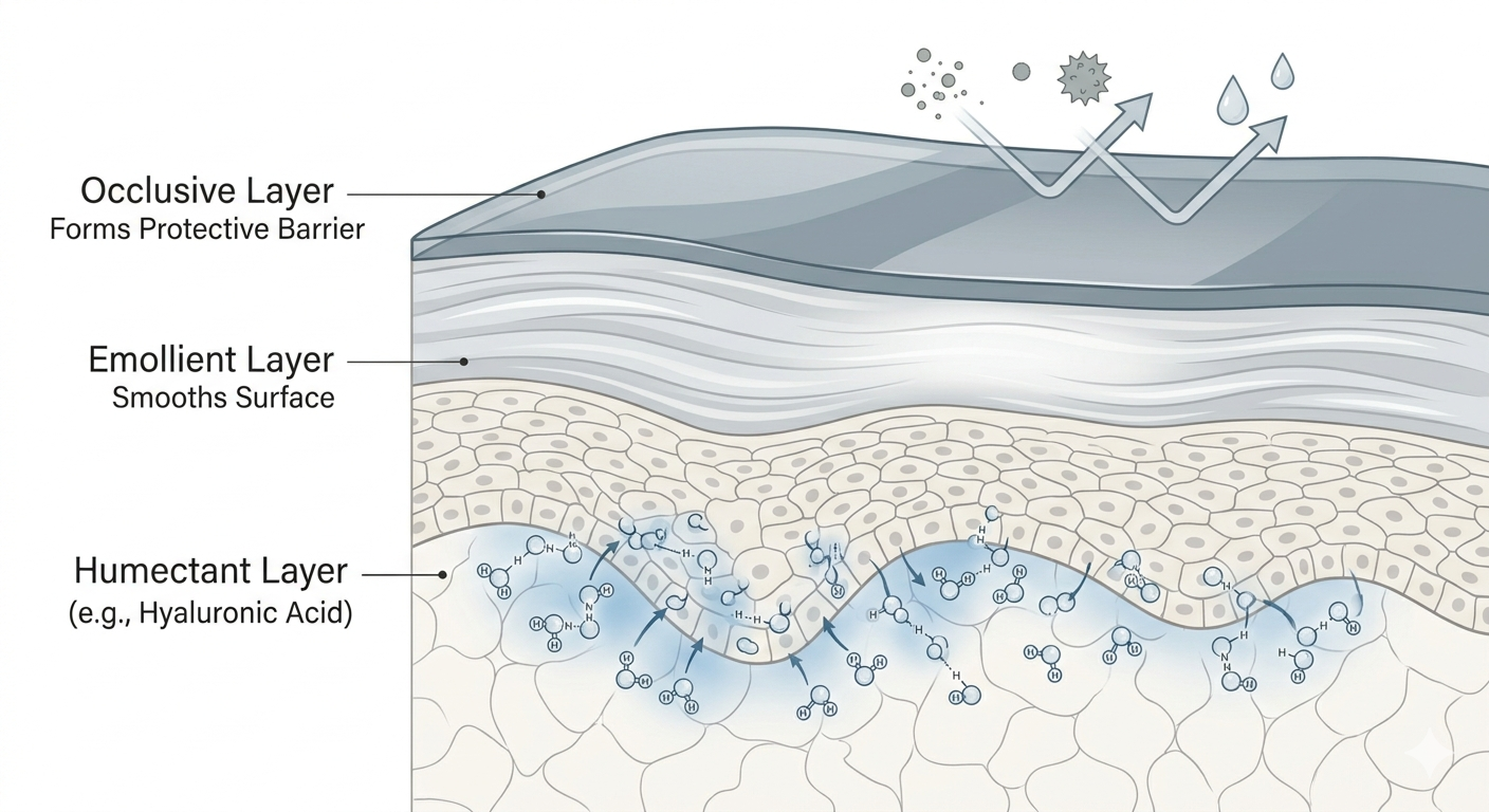 Diagram showing humectants, emollients, and occlusives working together in skin hydration