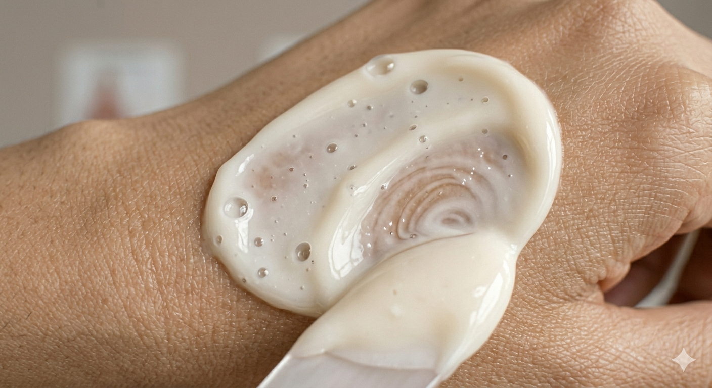Skincare emulsion showing blended water and oil texture