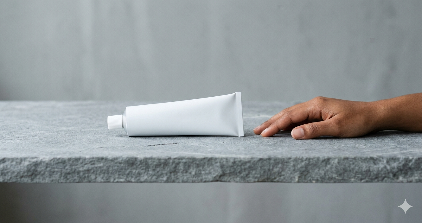 Minimal product photo of a gentle foam cleanser on grey stone surface illustrating mild surfactant cleansing for skin barrier protection