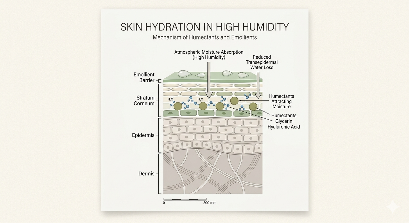 Skin hydration system in high humidity with humectants and lightweight moisturizers