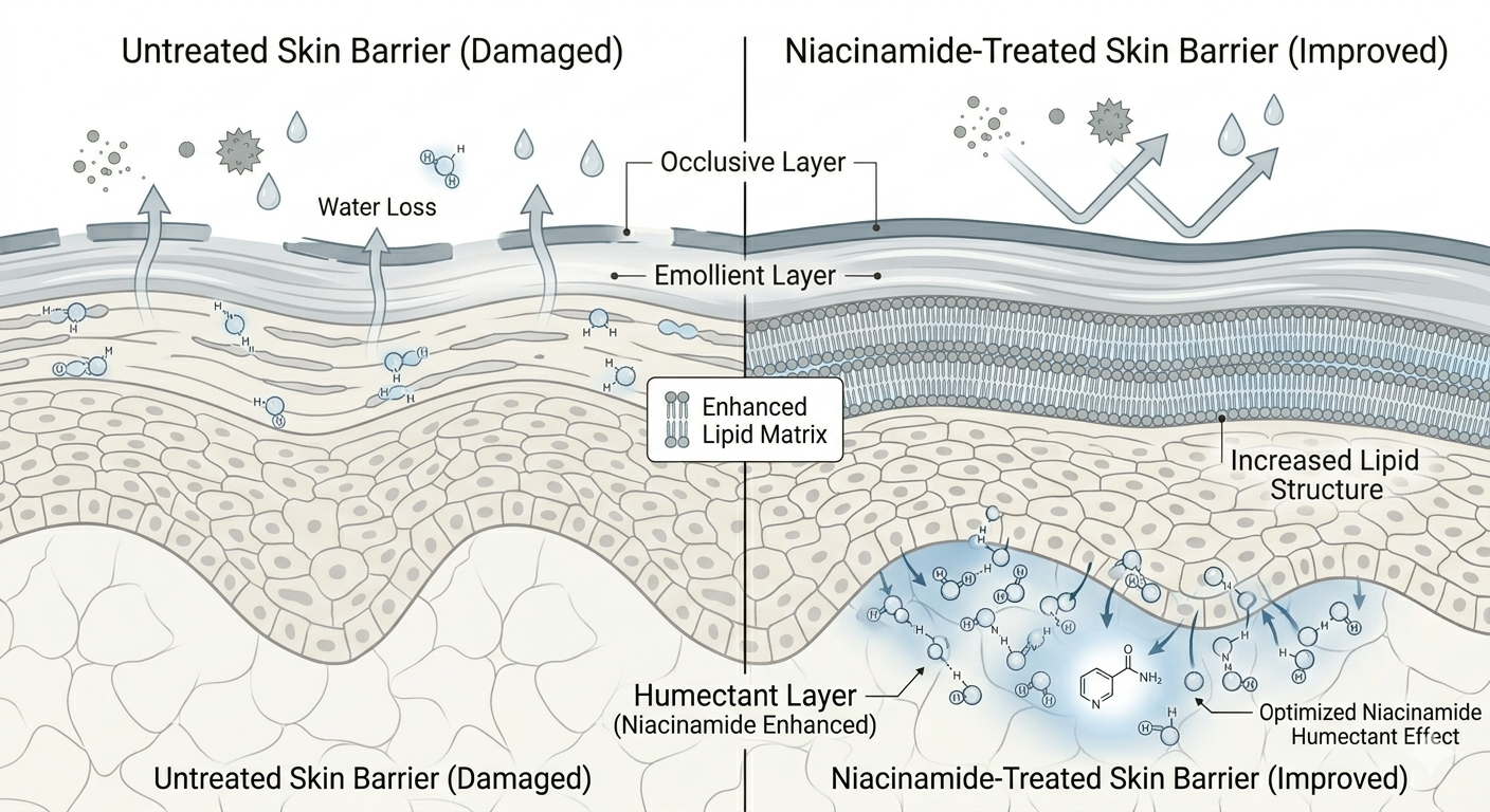 Niacinamide supporting skin barrier and reducing water loss