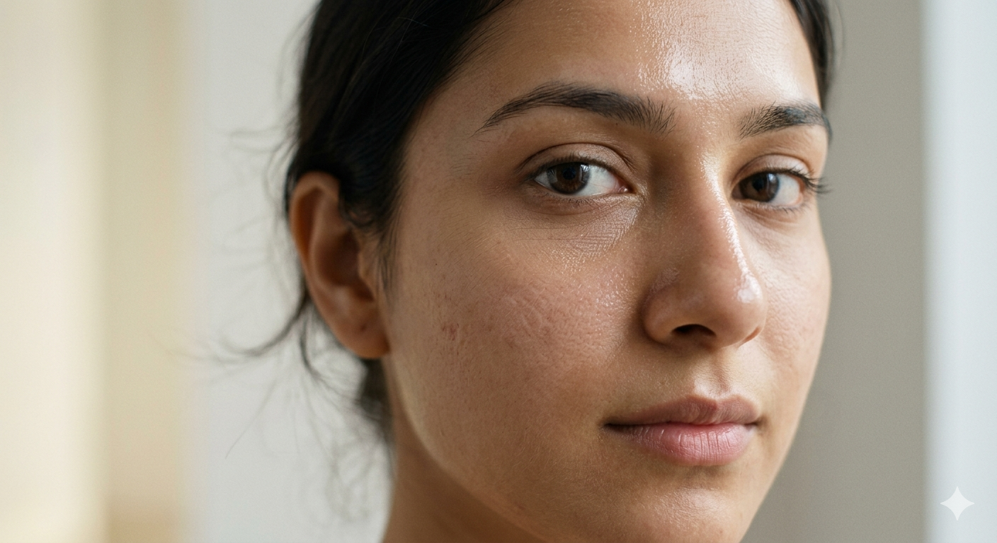 Oily skin with dehydration showing shine and underlying dryness