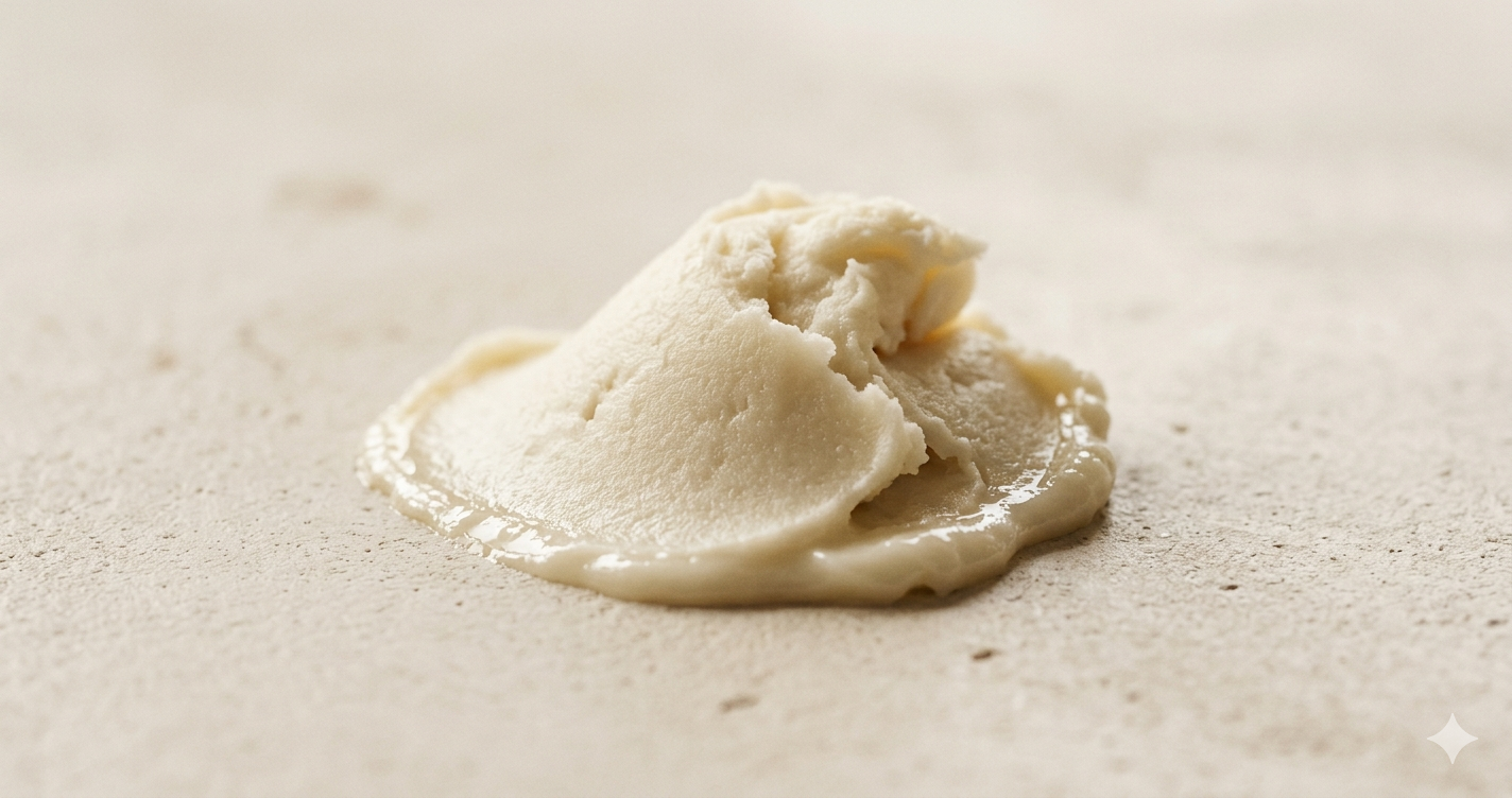 Shea butter for skin barrier repair showing lipid-rich texture on matte stone surface