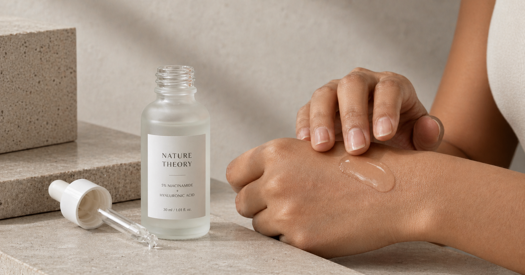 Hydrating serum showing sodium hyaluronate vs hyaluronic acid formulation concept