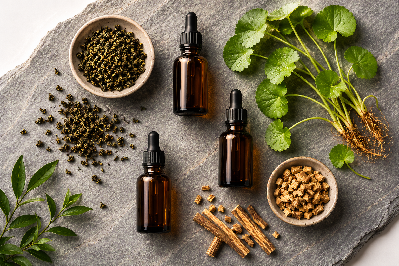 botanical extracts in skincare formulation laid on stone surface