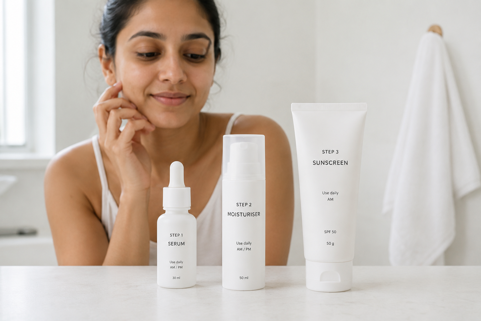 Indian woman in a bathroom with skincare products arranged in sequence, illustrating the correct order for layering skincare products.