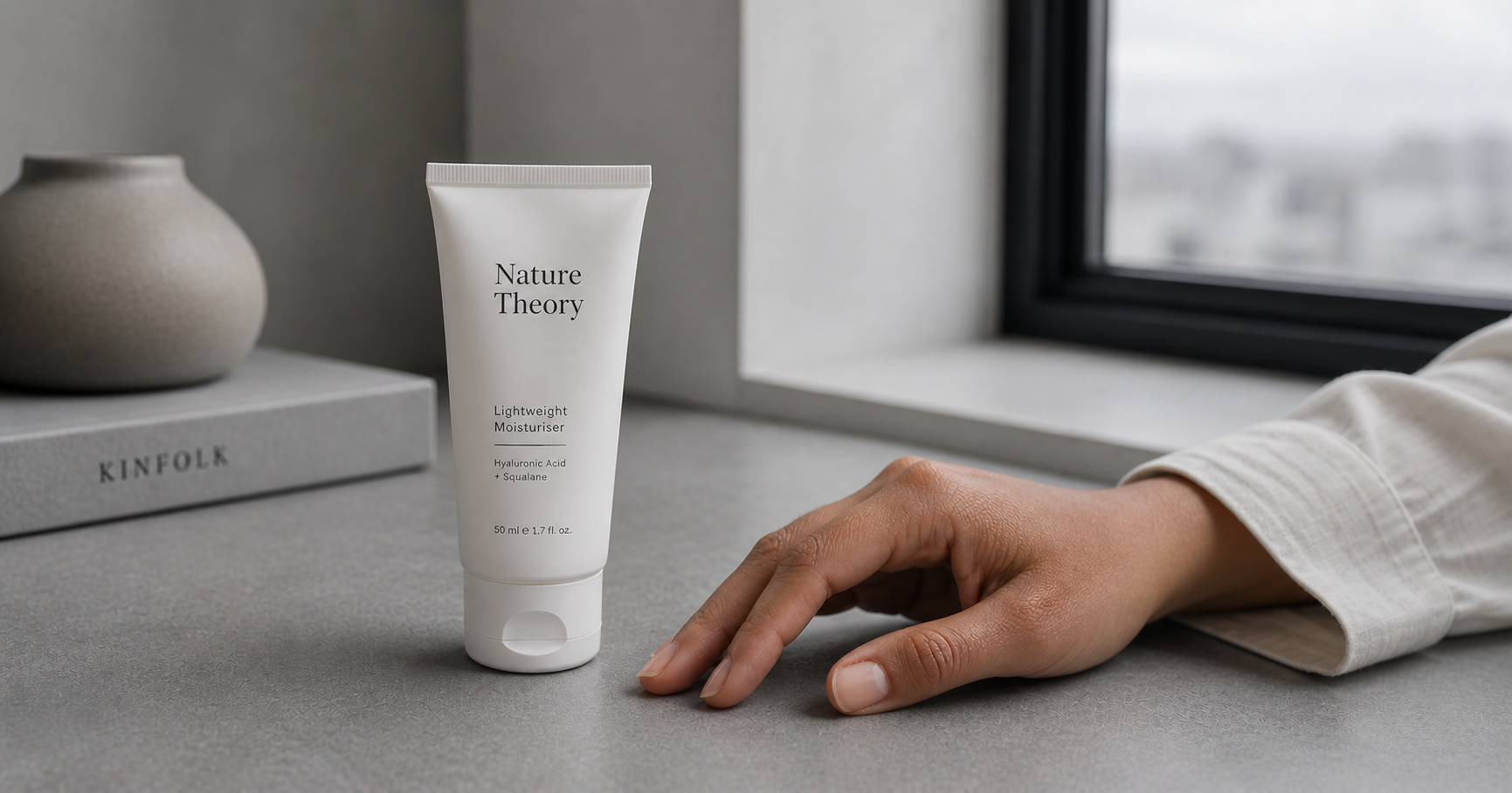 Lightweight skincare product on grey stone surface representing monsoon skin balance and barrier support in Indian humidity conditions