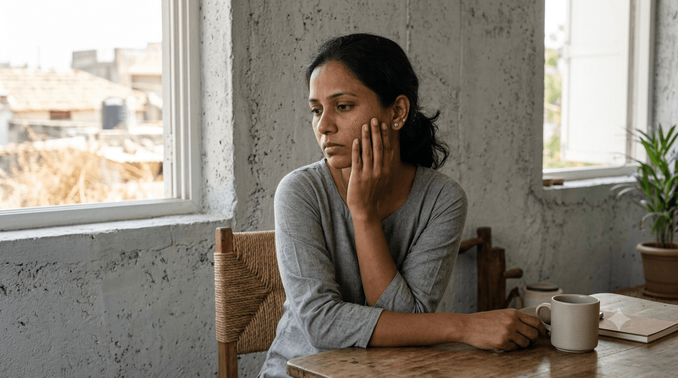 dehydrated skin in hot weather — Indian woman showing visible surface moisture loss and dryness on facial skin