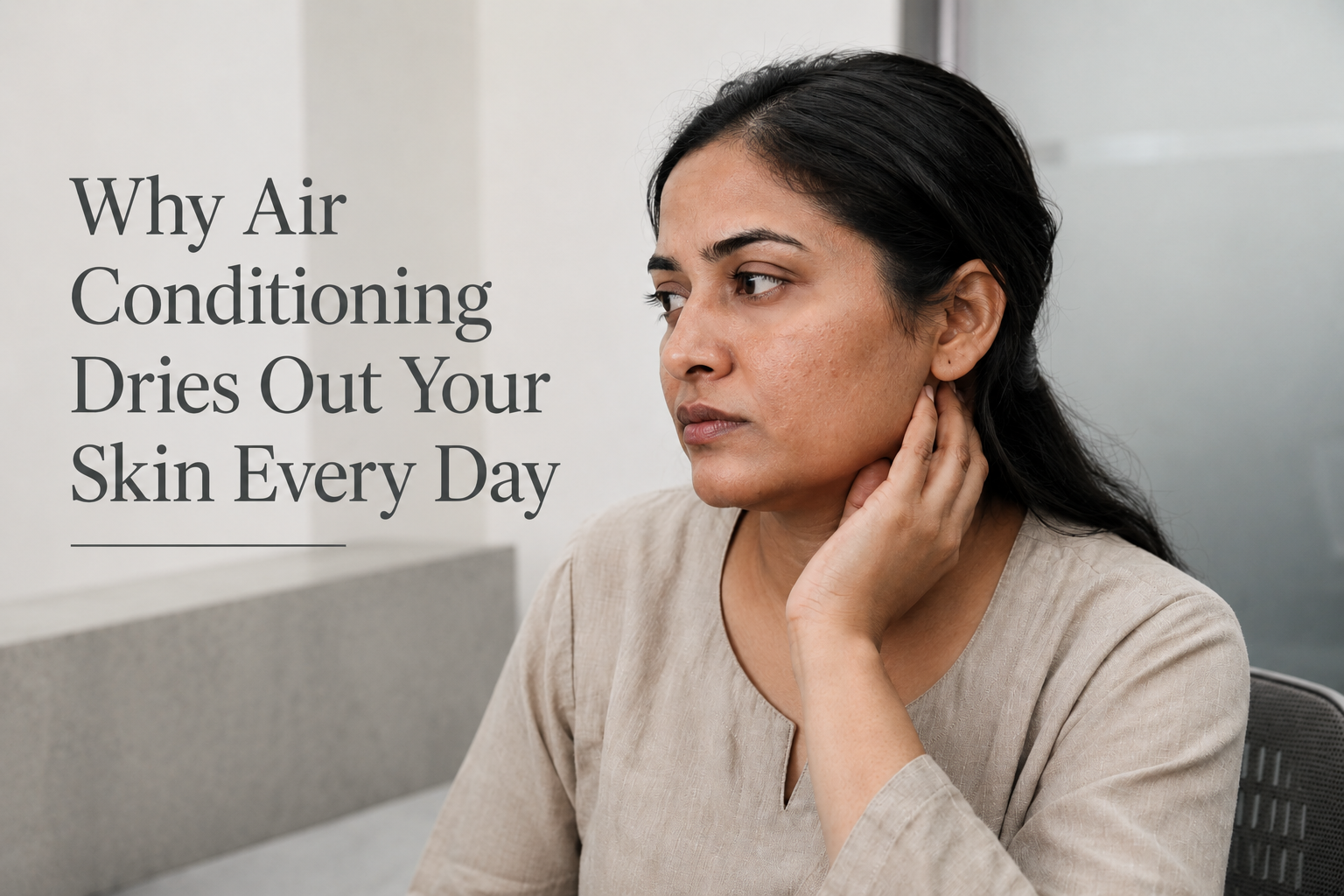 How air conditioning dries out skin — Indian woman in air-conditioned environment showing natural dry skin texture