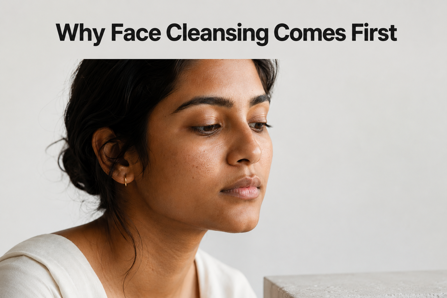 Face cleansing first step — Indian woman clean skin morning light editorial