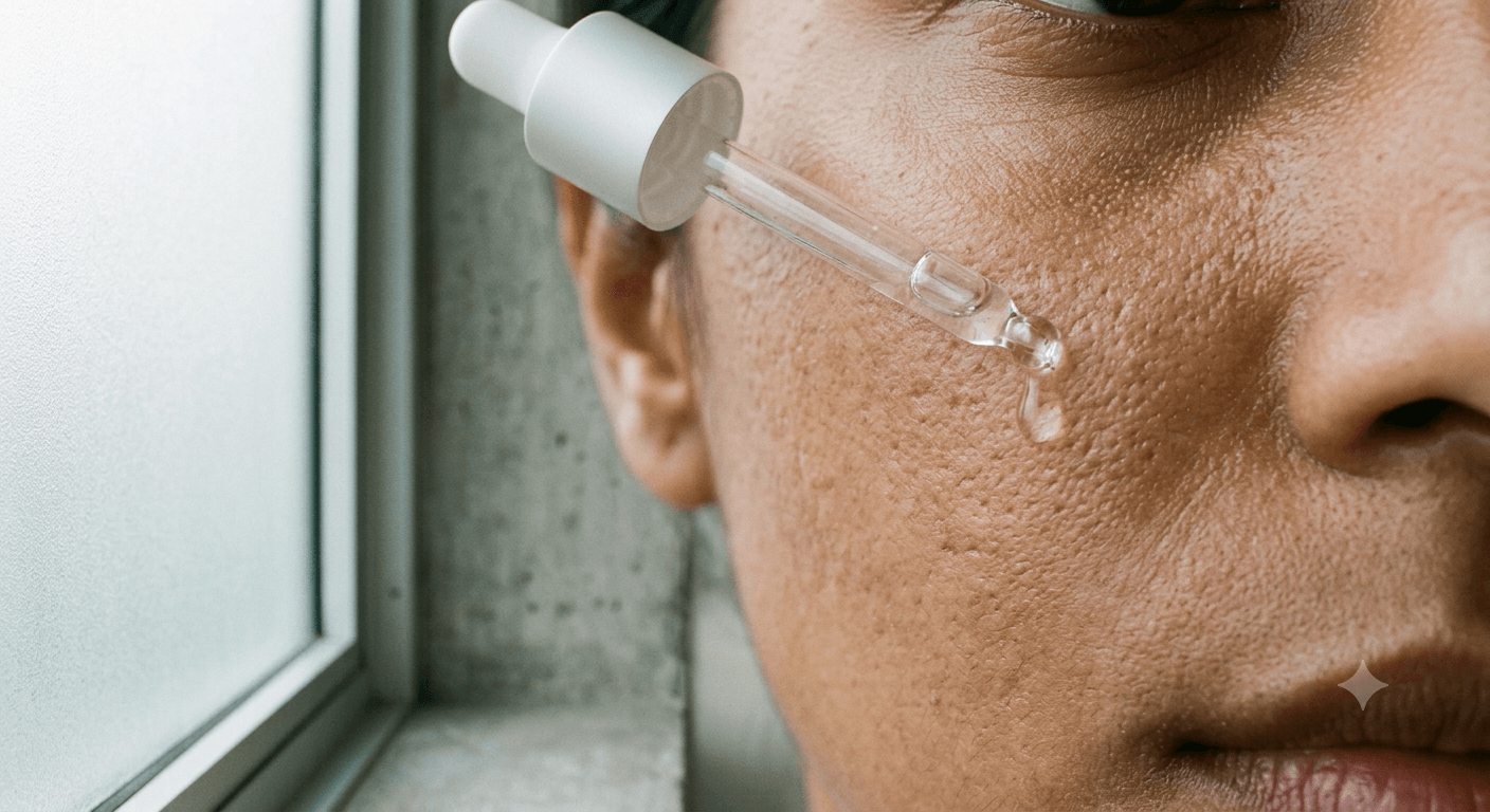 Serum being applied to skin, illustrating hyaluronic acid drying out skin in low-humidity AC conditions