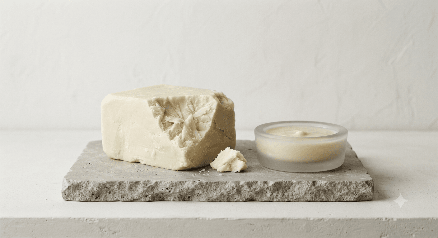 Solid and melted Kokum Butter showing its structural role in formulation